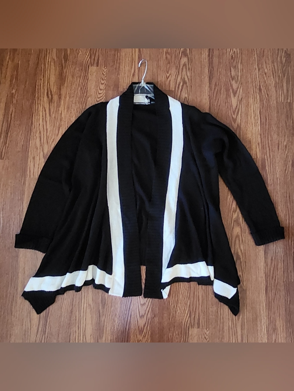 New Directions Black and White Open-Front Striped Trim Cardigan